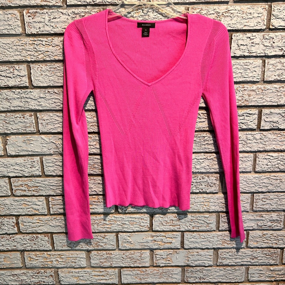 Halogen Womens Hot Pink Ribbed V-Neck Long Sleeve Sweater XS EcoVero‎ Viscose